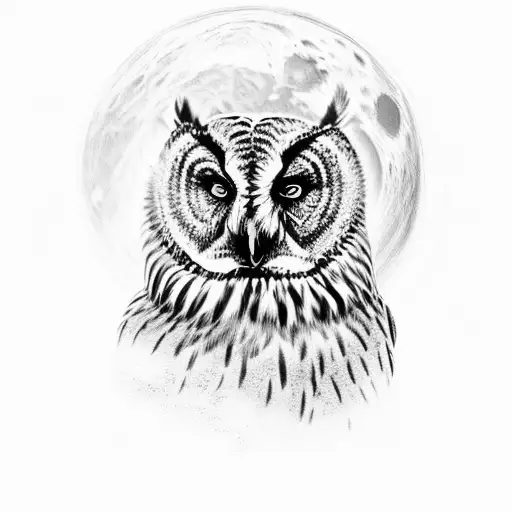 A majestic black and grey owl perched on a branch, with the moon reflected in its eyes tattoo design idea