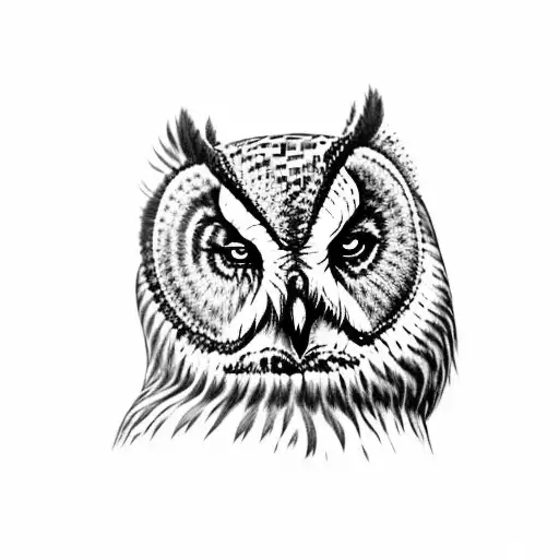 A majestic black and grey owl perched on a branch, with the moon reflected in its eyes tattoo design idea