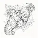 An abstract representation of the client's favorite Marvel character intertwined with artistic elements, reflecting their passion for art and comics tattoo design idea