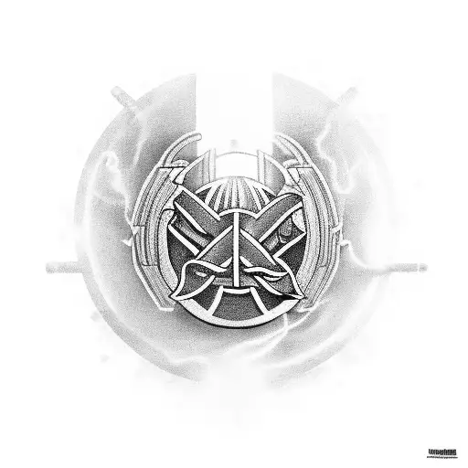 A black-grey tattoo of a majestic stadium surrounded by Norse mythology symbols, paying homage to São Paulo Futebol Clube tattoo design idea