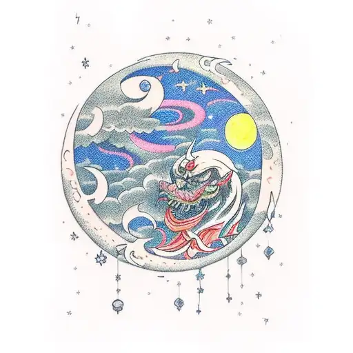 night sky, evil moon, wizard  tattoo design idea