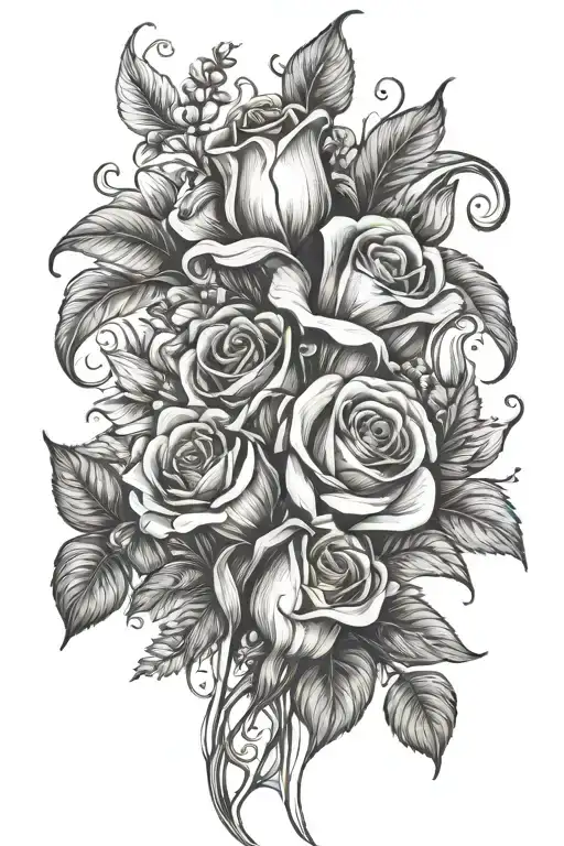 rose, poppy and calla lily boquet tattoo design idea