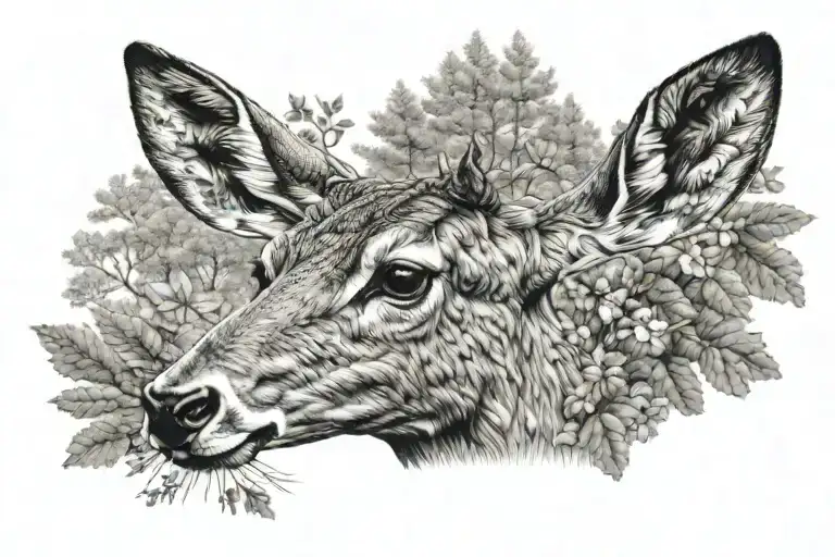 A detailed microrealism tattoo design of a roe deer, head and shoulders, in a forest setting. The deer has a gentle, ale tattoo design idea