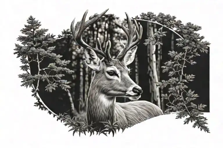 A detailed microrealism tattoo design of a roe deer, head and shoulders, in a forest setting. The deer has a gentle, ale tattoo design idea
