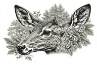 A detailed microrealism tattoo design of a roe deer, head and shoulders, in a forest setting. The deer has a gentle, ale tattoo design idea