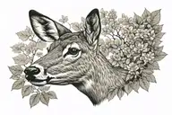 A detailed microrealism tattoo design of a roe deer, head and shoulders, in a forest setting. The deer has a gentle, ale tattoo design idea
