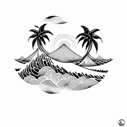 waves with palm trees tattoo design idea