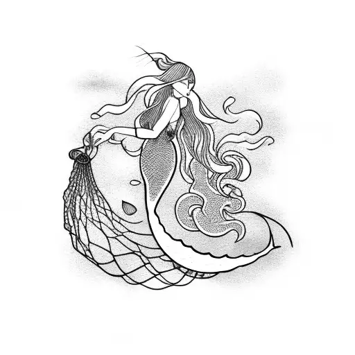 mermaid caught in a fishing net tattoo design idea