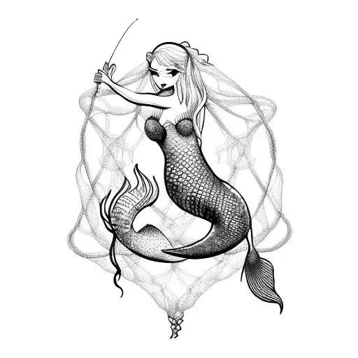 Blackwork Mermaid Caught In A Fishing Net Tattoo Idea - BlackInk AI