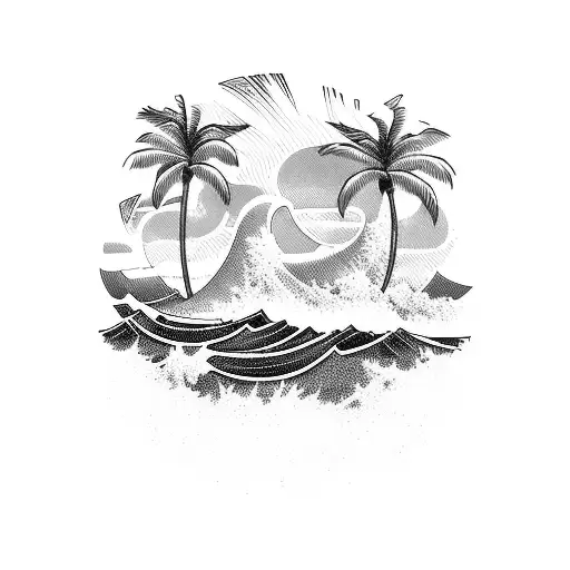 waves with palm trees tattoo design idea