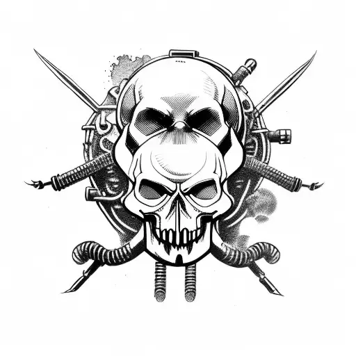 steampunk evil skull eating a grenade tattoo design idea