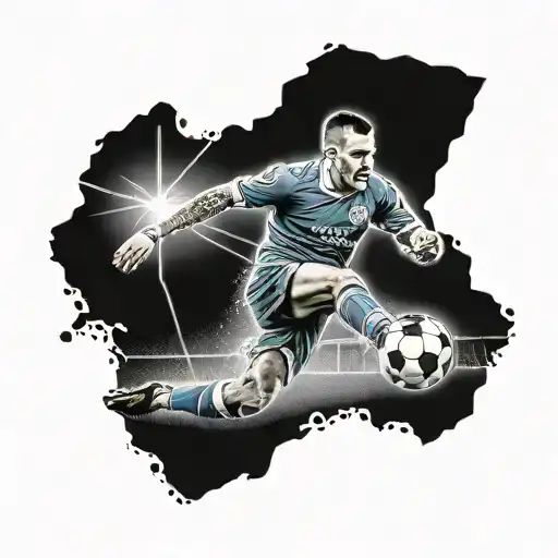 A dotwork tattoo of a soccer player celebrating a goal in front of the Ibrox stadium, with subtle electrical symbols in the background tattoo design idea