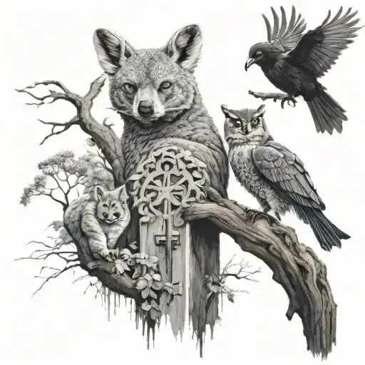 totem with dragon, koala and crow in a graveyard with a fox in the background tattoo design idea