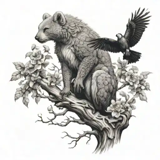 dragon totem with koala and crow on a tree with a fox in the background tattoo design idea