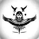 sleeve tattoo design, Odin with a thunderbird for the eye he's missing, with a wild card with Charlie day on it tattoo design idea