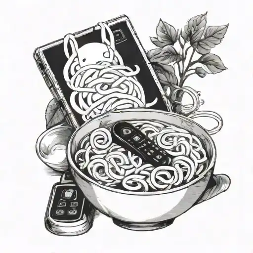 a bowl of udon soup with a flip phone inside of it tattoo design idea
