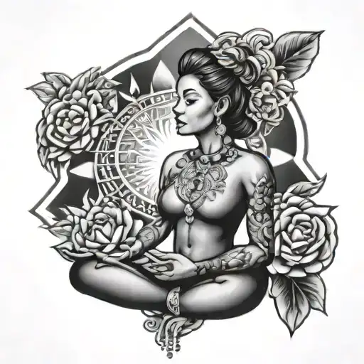 meditating woman with chakras radiating light tattoo design idea
