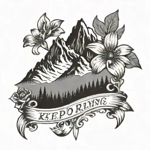A mountain (mont blanc) silhouette with a flower inside and underneath write "Keep on running Dadda" tattoo design idea