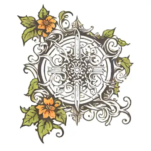 A tattoo design on the arm from wrist to elbow. On the wrist there is a cuff design. many vines, some cross and form an  tattoo design idea