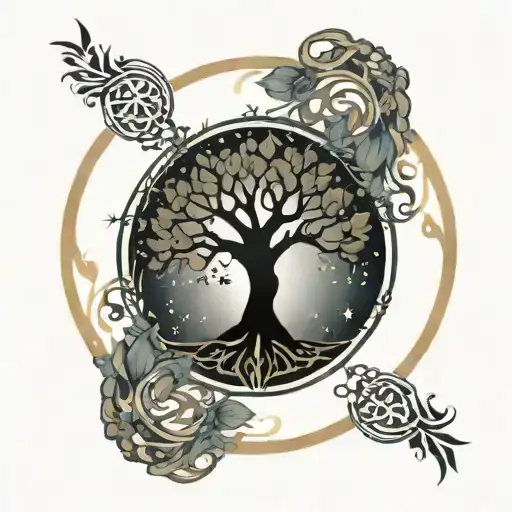 tree of life intertwined with eternal love symbol with stars tattoo design idea