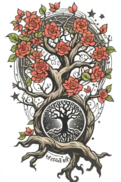 tree of life intertwined with eternal love symbol with stars tattoo design idea