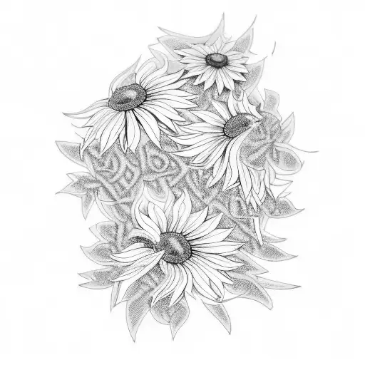 A stylized blackwork design of a dogwood tree with Black eyed Susans scattered throughout the branches tattoo design idea