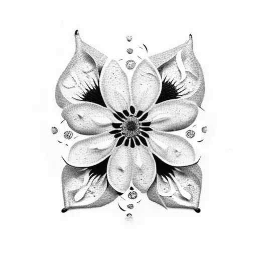 A dotwork tattoo of a dogwood blossom with Black eyed Susans incorporated into the petals, creating a unique floral design tattoo design idea