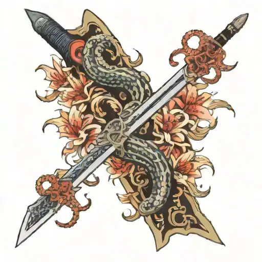 sword with snake and spider lilly flowers tattoo design idea