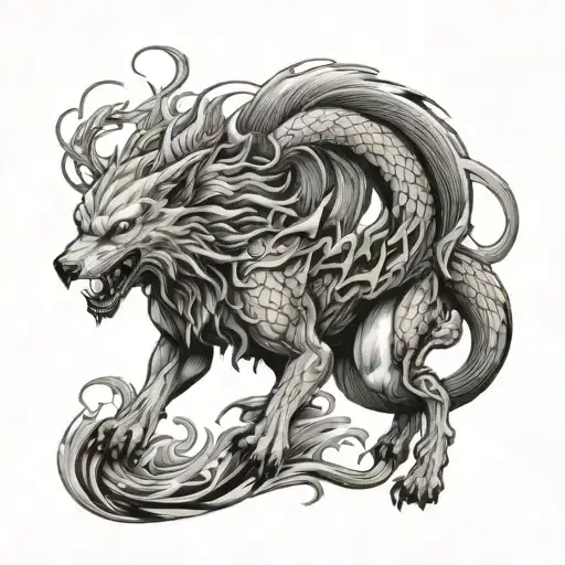 wolf fights dragon tattoo design idea