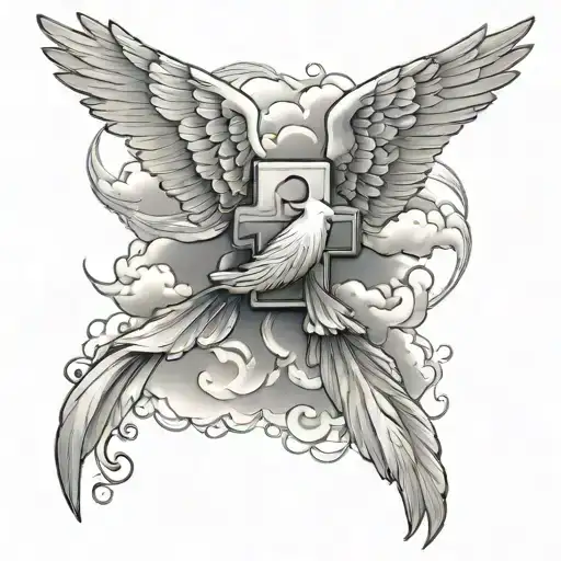 cloud doves and cross sleeve tattoo design idea