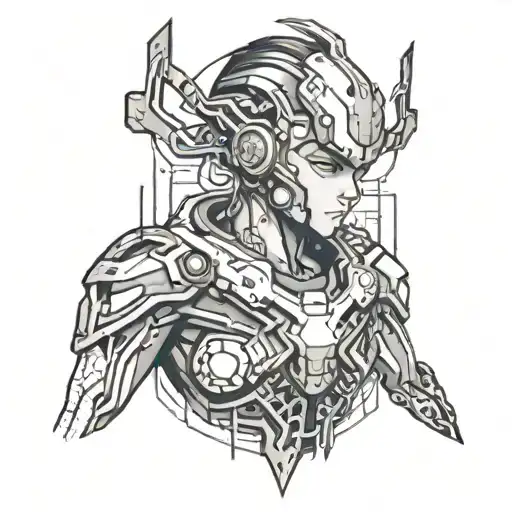 A tattoo design representing the fusion of electrical engineering and anime, featuring circuitry patterns and a futuristic anime character tattoo design idea