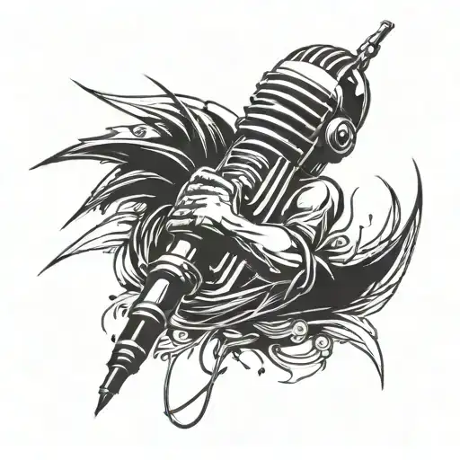 A tattoo design combining elements of rap music and anime, featuring a microphone and a character from a popular anime series tattoo design idea