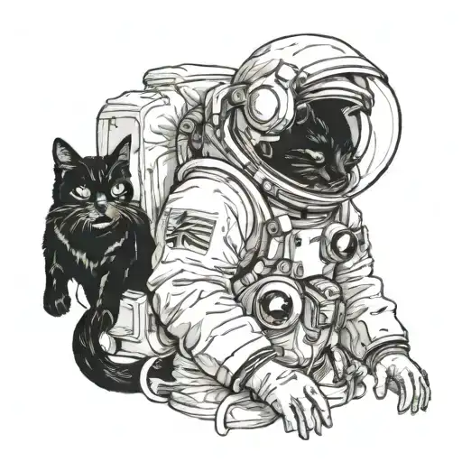 Astronaut with a cowboy hat holding a black cat  tattoo design idea