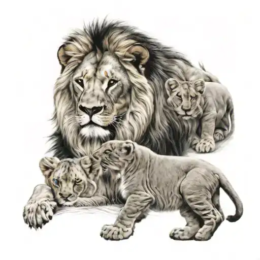 lion, lioness and 2 cubs tattoo design idea
