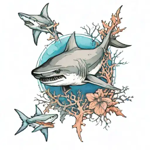 shark silhouettes with coral watercolor tattoo tattoo design idea