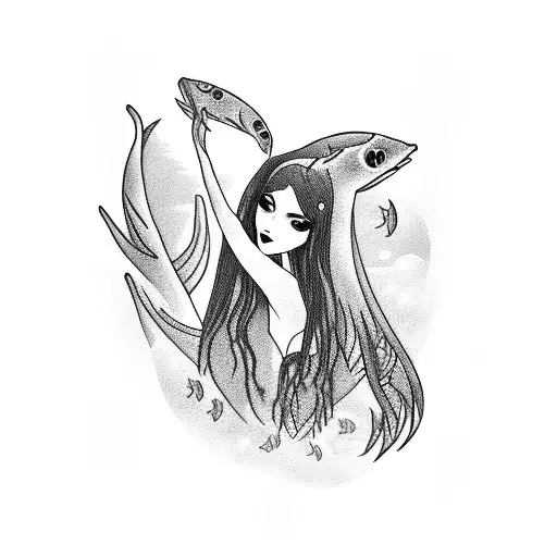 A vampire's girl with a school of fish swimming around her, symbolizing her mysterious and enchanting aura tattoo design idea