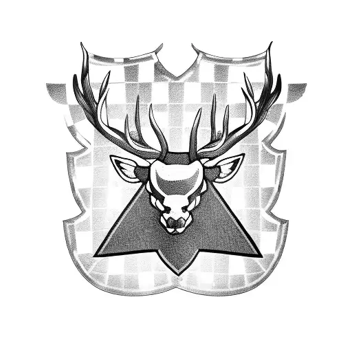 family shield that includes a red stag, checker board, roses and a medievil helmet  tattoo design idea