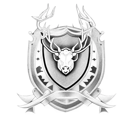 family shield that includes a red stag, checker board, roses and a medievil helmet  tattoo design idea