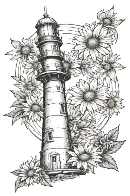 lighthouse with daisy flowers surrounding tattoo design idea