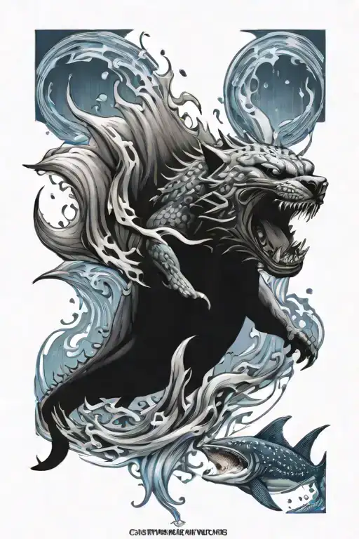 zeus with blue lightning above water with a whale shark in the water and cerberus below with blue flames tattoo design idea