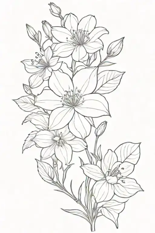 larkspur, waterlily, aster, morning glory, marigold, cosmos, narcissus, holly bouquet tattoo design idea