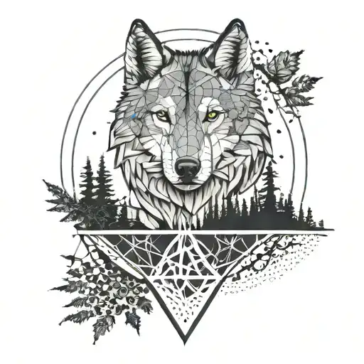 A geometric mandala design incorporating elements of a wolf, forest, and beach tattoo design idea