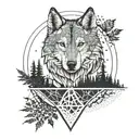 A geometric mandala design incorporating elements of a wolf, forest, and beach tattoo design idea
