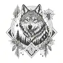 A geometric mandala design incorporating elements of a wolf, forest, and beach tattoo design idea