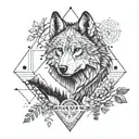 A geometric mandala design incorporating elements of a wolf, forest, and beach tattoo design idea