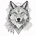 A geometric mandala design incorporating elements of a wolf, forest, and beach tattoo design idea