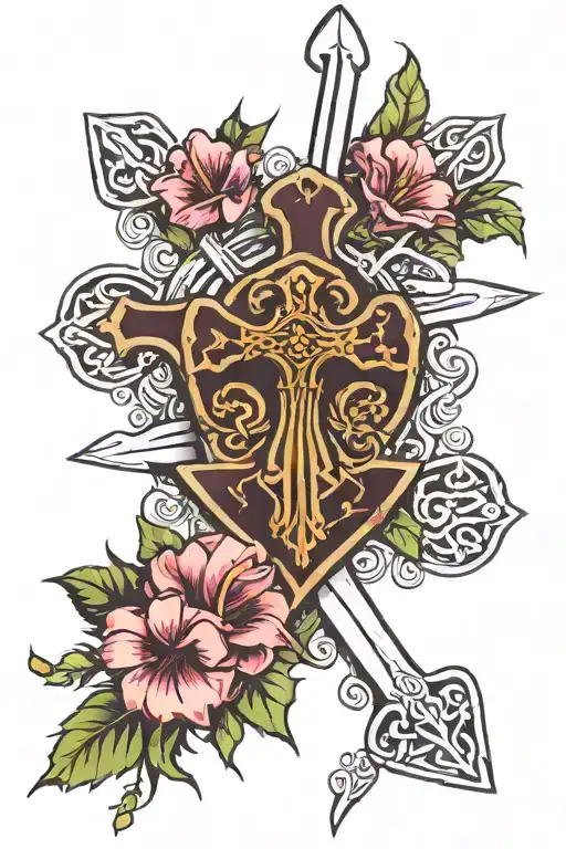 claymore sword thistle flower cala lilly Celtic cross tattoo design idea