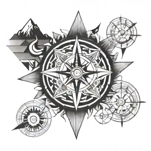 spiral, mountain and compass tattoo design idea