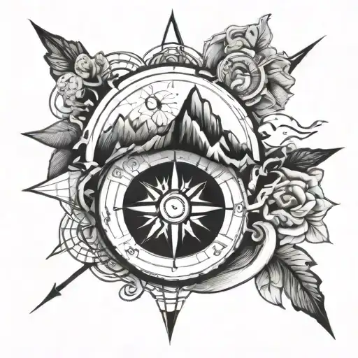 spiral, mountain and compass tattoo design idea