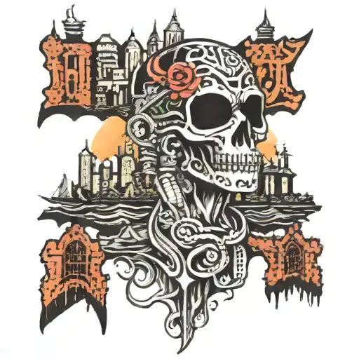 Sydney city skyline in the background with underworld theme, prisons, skimask, drugs , money  tattoo design idea
